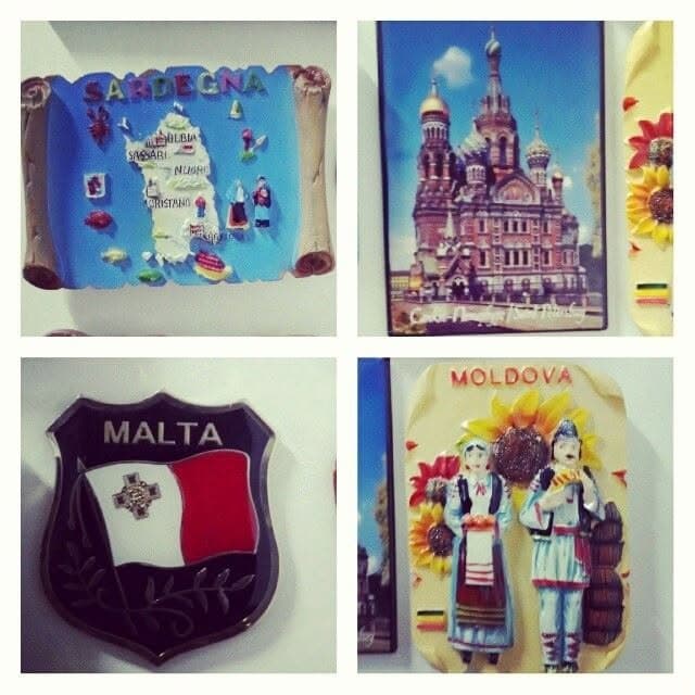 Souvenirs featuring Sardinia, Saint Petersburg, Malta and Moldova.