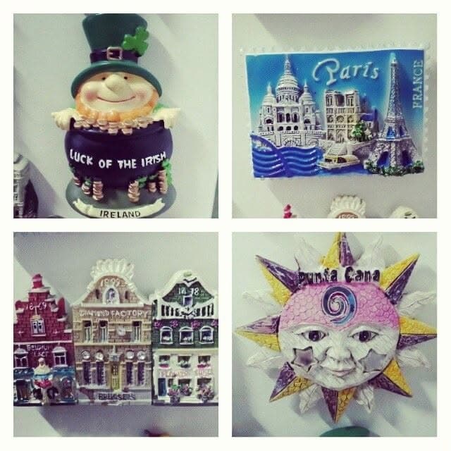 A collage of souvenirs from Ireland, Paris, Brussels and Punta Cana.